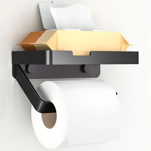 Euqvunn Portarrollos de Papel Higiénico con Estante, Soporte Papel Higiénico de Pared con Tornillos Autoadhesivos Sin Perforación, Adhesivo y Fijación con Tornillos, Accesorio para Baño, Negro Mate