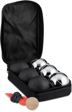 Relaxdays 6 Bolas de Petanca, Acero, Juego Boccia, con Boliche y Cuerda Medidora. Bolsa de Transporte, Negro y Plateado