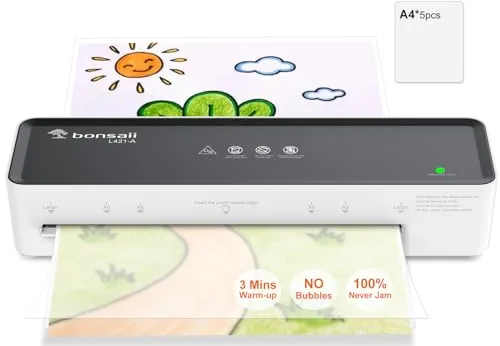 Bonsaii Plastificadora A4, Función ABS, Apto para Documentos A4, Oficina y Hogar, 80-100 Micrones, Incluye 10 Hojas de Laminado a4, L421-A