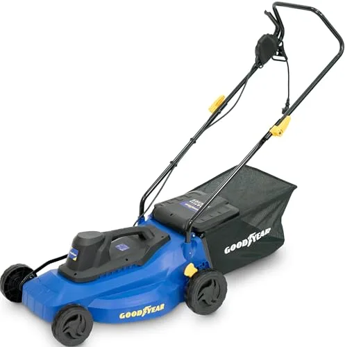 Goodyear - Cortacésped Eléctrico 1200W, Ancho de Corte 32 cm, Altura Ajustable 25/45/65 mm, Bolsa de 35L, Motor 3300 RPM, Ligero y Compacto, No Autopropulsado, Ideal para Jardines Pequeños