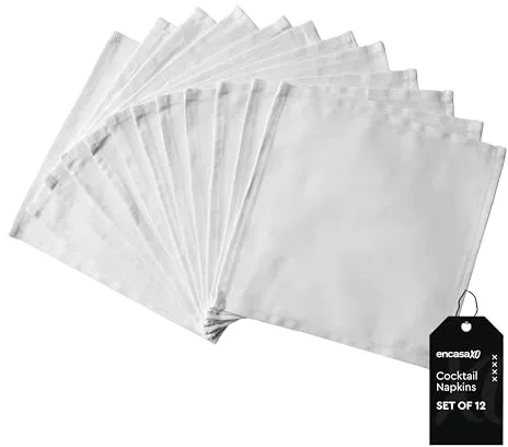 Encasa XO Set de Servilletas de Tela para Cóctel de 12 | Servilleta de Mesa de Algodón Puro | 23x23 cm | Blanco | Lavable a Máquina
