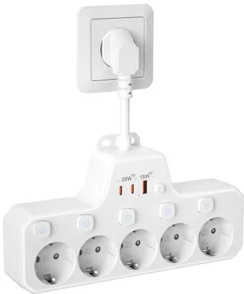 Regletas Enchufes Proteccion Sobretension, Ladron Enchufes con Interruptor,Regleta 5 Tomas con USB Carga rápida PD20W,Base Enchufe Multiple Interruptor Independiente,Enchufe Pared Cable Corto,Blanco