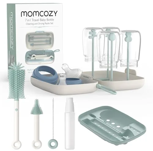Momcozy Juego de cepillos 7 en 1 para biberones, Kit Completo de Limpieza de biberones con Cepillo de Silicona, Cepillo para pezón, Cepillo para Pajita, dispensador de jabón y Estante de Secado