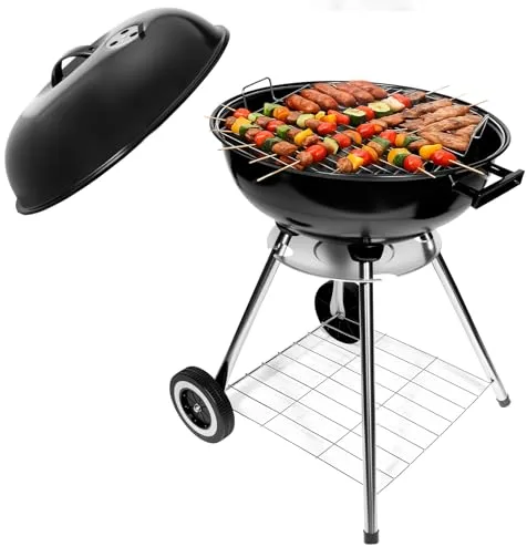 HYCHIKA Barbacoa de Carbón Redonda, Ø47cm 18pulgada Parrilla Compacta con Tapa y Ruedas para Jardín, Balcón y Camping