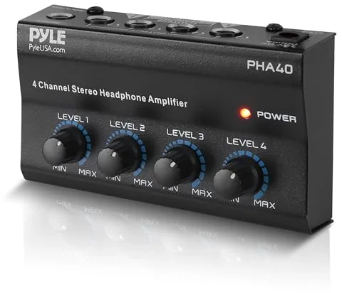 Pyle Mini Amplificador Estereo, Portatil, 4 Canales, Profesional, Conector de Salida de Auriculares, TRS balanceado de 4 ¼", Entrada de Audio, Mezclador de Sonido