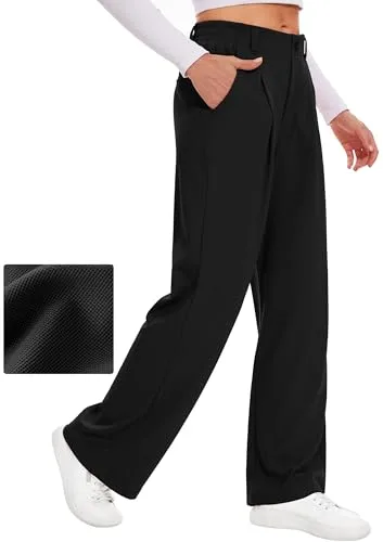 Desol pantalón de vestir de punto gofre, elásticos, cintura alta, pantalón palazzo casuales para mujer, Negro - Medium