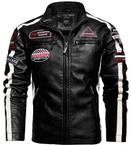 PIIBON | Chaqueta para Hombre de Piel sintética. Cazadora de Cuero sintético estilo Motero. Moda Casual de Cuero Vegano. Biker - Motociclista. (FR/ES, Letras, L, Regular, Regular, Negro)