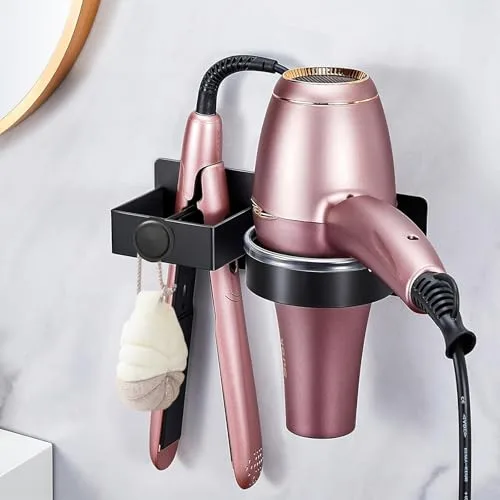 Soporte Secador de Pelo, Universal Soporte Secador de Pelo y Plancha de Metal, Soporte para Secador de Pelo de Pared Sin Taladrar, Estante de Almacenamiento para Baño, Dormitorio,Hotel (con Tornillos)