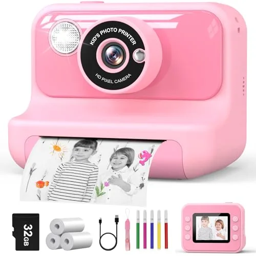 Hangrui Camara Fotos Infantil Instantanea, 2,4 Pulgadas Camara Fotos Infantil con Tarjeta de 32G, 1080P Cámara Instantánea para Niños con Papel de Impresión y Bolígrafos de Colores, Regalos Juguete