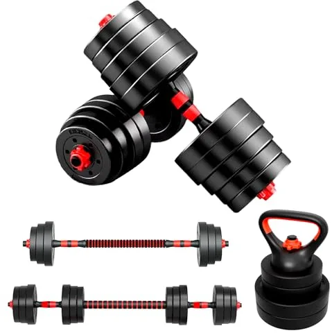 JUPPLIES Juego de Mancuernas Ajustables 4 en 1 + Kettlebell - 10kg 20kg 40kg - Kit de Pesas con Barra Recta Ajustable y Antideslizante - Pesas y Mancuernas Discos Recubiertos - Set de 40 kg