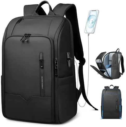 HEROIC KNIGHT Mochila para Hombre Unisex para Laptop de 15,6 pulgadas Equipaje de Mano Ordenador Portátil Impermeable para Negocios, Viaje, Universidad con Puerto USB-Negro