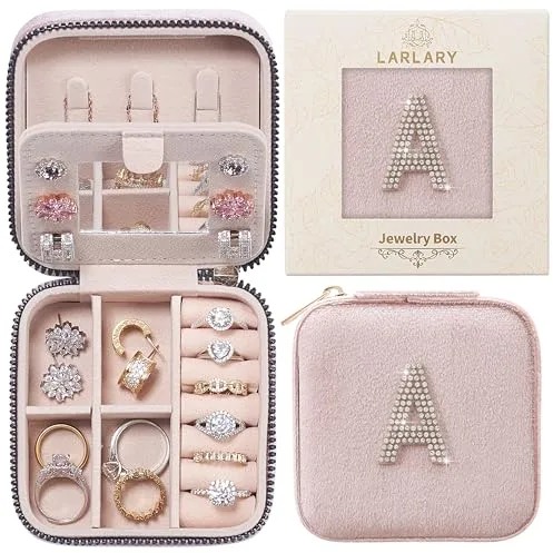 Larlary Joyero de viaje con letras,Organizador Joyas Mujer,Organizador Joyas para Anillos,Pendientes,Collares - Rosa (A)