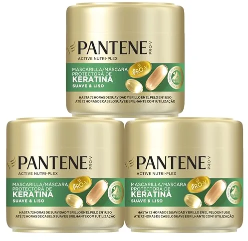 Pantene Pro-V Suave Y Liso Mascarilla Protectora De Keratina 3X300ml Para Pelo Encrespado Y Seco. Hasta 72H De Pelo Suave Y Brillante En Un Solo Uso