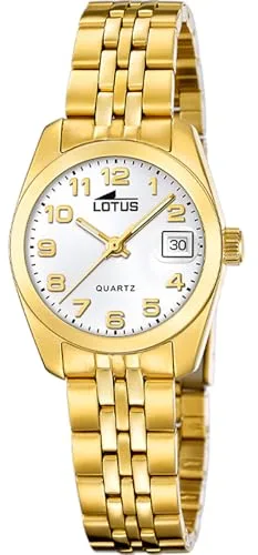 LOTUS Reloj Mujer Analógico de Acero Inoxidable 316l Dorado - Movimiento de Cuarzo - Cristal Mineral de Alta Resistencia - Resistente al Agua 5 ATM - Calendario 18993/1 - Old Money