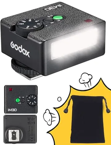 Godox iM30 Mini Flash, Speedlite Manual, GN15 S1/S2 Control Óptico, Temperatura de Color CCT 6500K±200K, 7 Niveles de Potencia (1/64~1/1), Compatible con Canon, Sony, Nikon, Pentax, Panasonic, Olympus