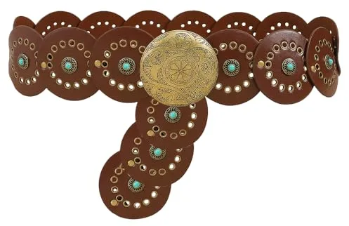 TOFBS Cinturón para Mujer Moda Vintage Cinturón de Cintura Turquesa Occidental Cinturón Diseño Hueco Cuero PU Ajustable Cintura Estilo Vaquero Cinturón(Marrón)