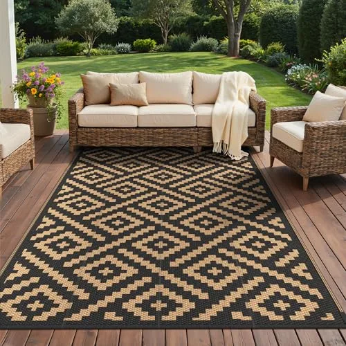 GENIMO Alfombra Exterior Terraza,Impermeable Reversible Plástico, Alfombra Barbacoa Exterior para Jardín, Picnic, Balcón, Rombo Marrón Negro, 180 x 275 cm