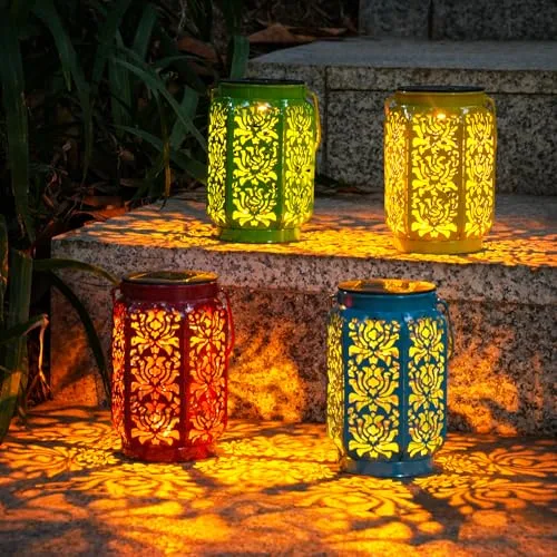 Farolillos Solares OxyLED para Exterior - Pack de 4 Colores (Azul/Amarillo/Rojo/Verde), IP44 Impermeable, Decoración Jardín Estilo Marroquí con Motivo de Rosas - Ideal para Terraza, Valla y Mesa