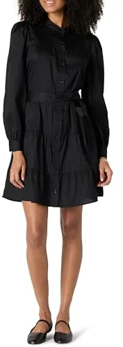 Amazon Essentials Vestido Camisero Escalonado de satén de algodón de Ajuste Regular para Mujer, Color Negro, Talla L