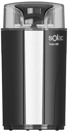 Solac - Molinillo de Café Eléctrico Taste Mill, 200W, Capacidad 70gr, hasta 10 Tazas de Café, Molido en 30 Segundos, Cuchillas e Interior INOX, Tapa Transparente, Supercompacto, BPA free, Negro y Gris