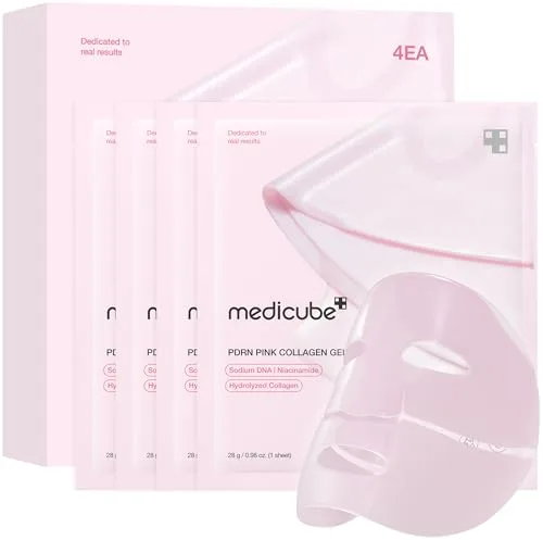medicube Mascarilla De Gel De Gelatina De Colágeno Rosa Salmon Dna Pdrn De Uso Nocturno Para Piel Radiante, Elástica, Hidratante, Reafirmante E Hidratante, 4 Unidades (Paquete De 1)