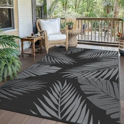 GENIMO Alfombra Exterior Terraza,Impermeable Reversible Plástico, Alfombra Barbacoa Exterior para Jardín, Picnic, Balcón, Hoja Negro Gris, 180 x 275 cm