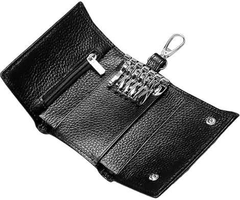JABNOW Estuches de Llave Llavero Monedero Cuero Portátil Organizador Llaves con 6 Ganchos, Porta Llaves de Bolsillo, Estuche para Llavero Coche, Tarjetas y Efectivo, 11 * 7 * 3cm- Negro
