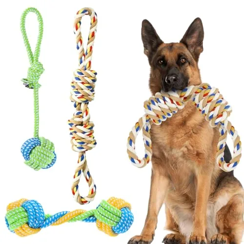 Juguetes de Cuerda para Perros 3 Pack, Juguetes para Masticar Perros Grandes，Cuerda de juguete para perros con nudos，Beneficiosa para la Salud Mental del Perro,Cuerda de Algodón Durable Masticable