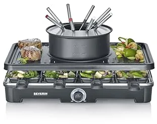 SEVERIN Combinación fondue/raclette para 8 personas, parrilla 2 en 1, revestimiento antiadherente, incluye 8 sartenes, raspadores y tenedores para fondue, apto para lavavajillas, RG 2347