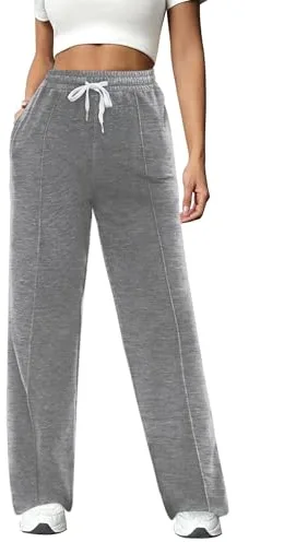 Crewhpo Pantalones Deportivos Mujer Algodón Largo Pantalón de Chándal con Bolsillos Elástica Cordón Jogger para Casual Correr Jogging Fitness
