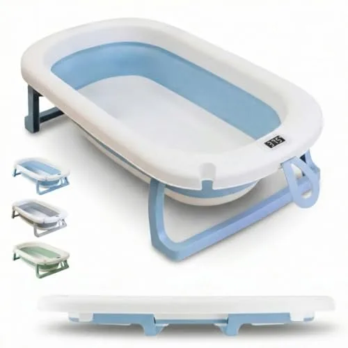 BAÑERA PLEGABLE BEBÉ Termómetro + Patas Antideslizantes + Tapón de Seguridad | Bebé Recién Nacido | Diseño Plegable| Fácil de Guardar y Transportar (Azul pastel)