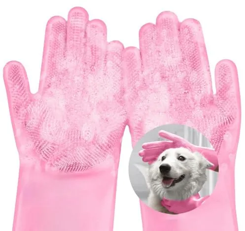 AMFUN Guantes reutilizables para el hogar, Rosa Guantes de Limpieza de Silicona, Guantes de silicona reutilizables para lavar platos, para Lavar Platos, cocina, coche, cuidado de mascotas