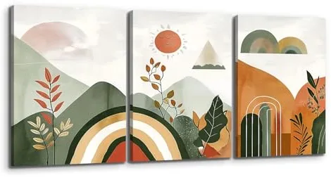 MHARTK66 Cuadros Decoracion Salon Verde 3 Piezas, Paisaje Abstracto Laminas Decorativas Pared Dormitorios, Lienzos Decorativos Pared Sol Hojas, Modernos Minimalista Wall Art Comedor Pasillo Baño