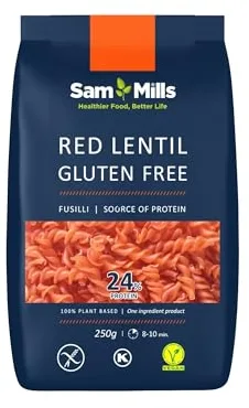 Sam Mills - Espirales de Lenteja Roja - Pasta Sin Gluten - 250 g - Elaborada con Legumbres - Pasta Proteica - Alto Contenido en Fibra y Proteína - Ideal para Dietas Veganas