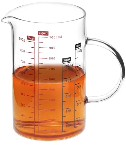 QWORK® Vaso medidor de cocina de 1L, vaso medidor multiescala de vidrio de borosilicato, apto para microondas