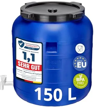 Garronda 150 litros Barril de Boca Ancha BPA-Libre con Grifo, Universal para Alimentos, Barril de Agua de Lluvia con Tapa, Barril para Jardines GD-0092, Azul