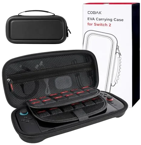 CoBak Funda Nintendo Switch 2 (2025) - Set 3en1: 2 Protectores Vidrio + 2 Gomas Palancas + Funda Rígida Portátil, Negro