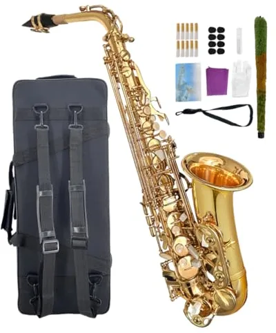 WUQIMUSC Kit de saxofón alto para principiantes, saxofón para estudiantes, instrumento profesional de saxofón de latón con estuche para saxofón, boquilla, lengüetas, guantes, paño de limpieza y