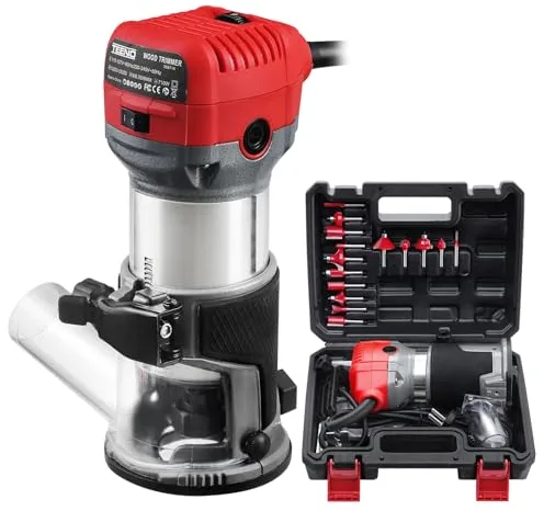 TEENO Fresadora De Madera Rebajadora Eléctrica 800W 13000-33000 RPM CON EXTRACTOR DE POLVO,15 piezas 1/4'' Alicates, 6 Velocidades Variables, Pinza De Base Fija De 6/6.35/8MM, Estuche de Transporte
