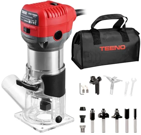 TEENO Fresadora De Madera Rebajadora Eléctrica 710W 13000-33000 RPM CON EXTRACTOR DE POLVO,5 piezas 1/4'' Alicates, 6 Velocidades Variables, Pinza De Base Fija De 6/6.35/8MM,Con Bolsa de lona