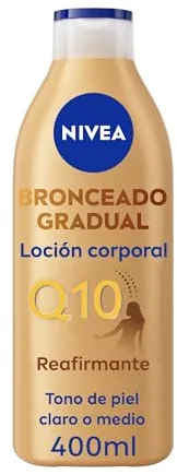 NIVEA Q10 Loción Corporal Reafirmante + Autobronceadora (400 ml), crema hidratante corporal con coenzima Q10, crema bronceadora para tono de piel claro a medio
