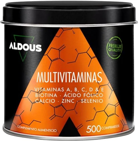 Multivitaminas Mujer y Hombre - 500 comprimidos + 1 año - Multivitaminico: Vitamina C, D, E, A, Vitaminas B, Biotina, Acido Folico, Calcio, Zinc, Selenio - Complejo Vitaminico Completo - ALDOUS