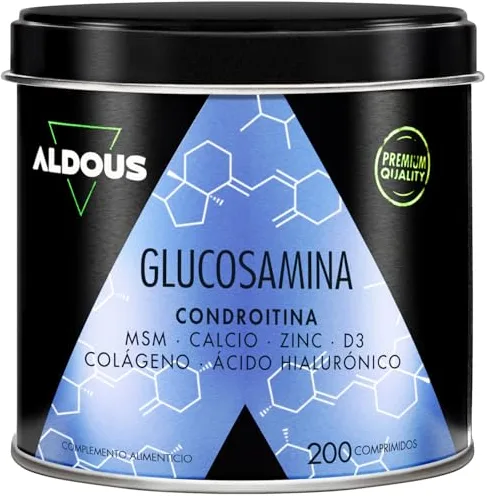 Glucosamina Condroitina MSM - 200 comprimidos XL - Colágeno, Ácido Hialurónico, Zinc, Calcio y Vitamina D3 - Antiinflamatorio Natural - Para Huesos y Articulaciones - Libre de plástico - ALDOUS