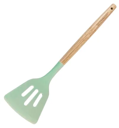 Fackelmann Ocean Espátula Ranurada, Espátula de Silicona con Núcleo Rígido de Acero, Mango Antideslizante de Madera con Certificado FSC, 27 x 4 cm, Verde Agua, 1 ud