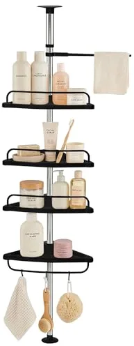 JUPPLIES Estanteria Telescopica de Baño de Altura Ajustable hasta 254cm - Esquinero Baño Ducha de Plástico y Metal sin Taladro - Organizador de Bañera, Lavabo con 4 Baldas (Negro)