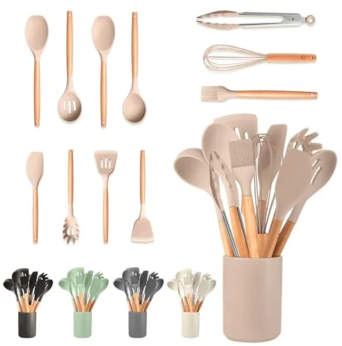 JUPPLIES Juego de Utensilios de Cocina de Silicona 12 Piezas con Mangos de Madera y Soporte Organizador – Set Antiadherente Resistente al Calor – Apto para Todas Las Ollas y Sartenes - Marrón
