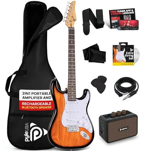 Pyle kit guitarra electrica con amplificador bluetooth portatil, Tamaño completo, Pastillas Humbucker estilo ST, Accesorios incluidos: esctuche, Correa, Cuerdas, Puas, Paño de Limpieza