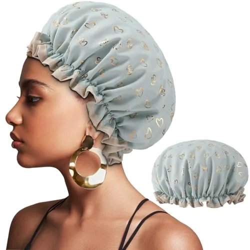 Gorro de doble capa para mujer, reutilizable con banda elástica, impermeable con volantes que cubren las orejas, adecuado para cabello largo, corto y ducha