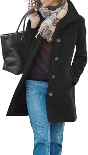 yoeasy Abrigo casual de mezcla de lana gruesa para mujer, cuello alto, botonadura única, abrigo de invierno de longitud media, Negro -, Medium