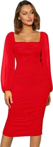 Haibang Vestidos de Fiesta Mujer Elegantes Manga Larga Vestido Largo de Malla con Cuello Cuadrado Vestido Sexy Ajustado Bodycon Ruched Midi Vestido para Fiesta Cóctel Noche Club Ceremonia